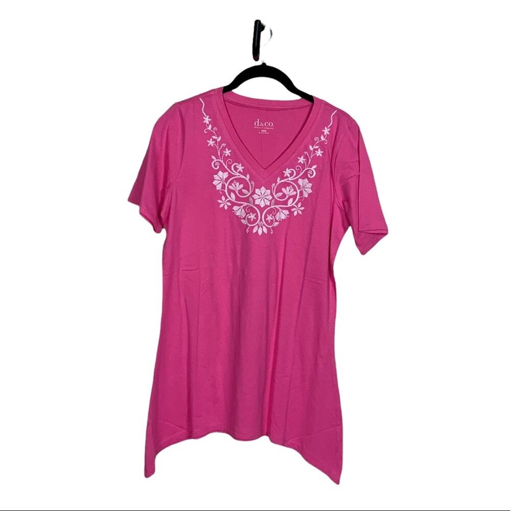 Denim + Company Short Sleeve Sharkbite Tunic Cotton Knit Shirt Pink Size XXS